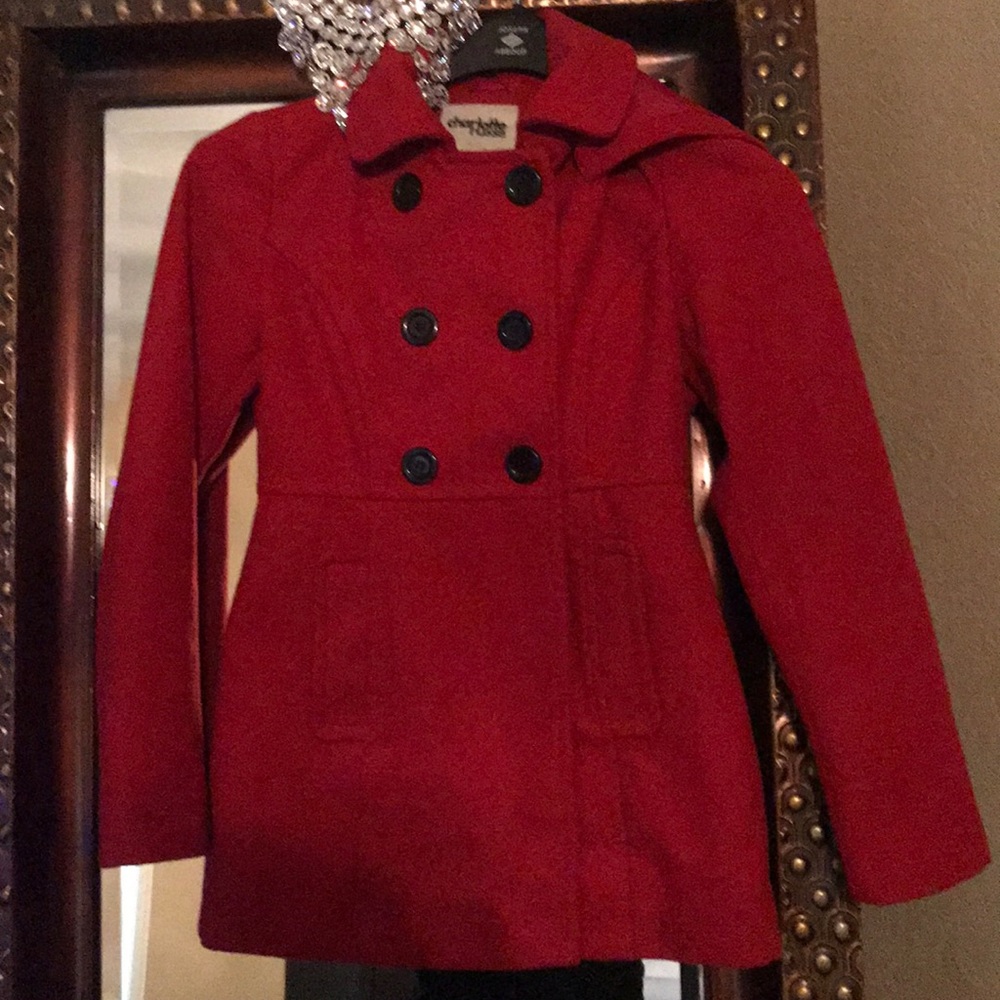 Cherry red pea coat with detachable hood